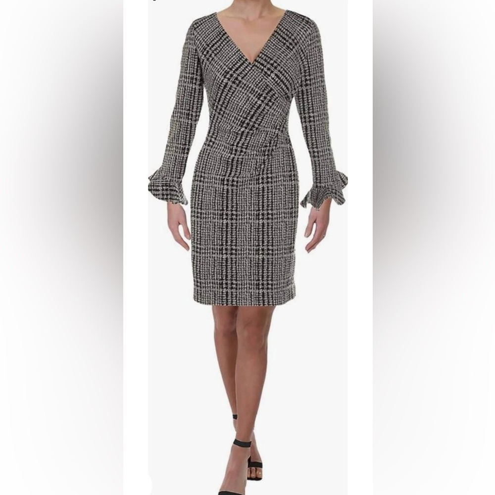 Ralph Lauren Monochrome Houndstooth Dress Size 16 Ruched Stretch